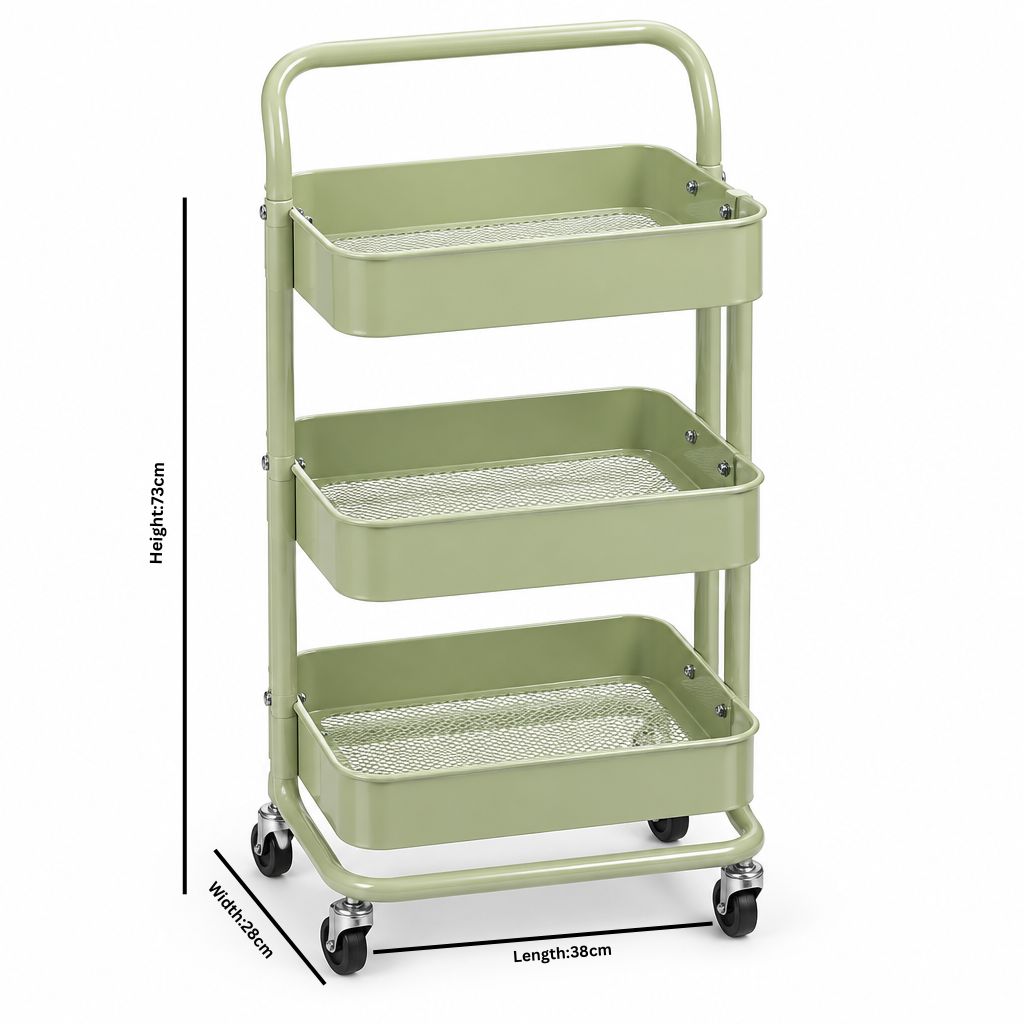 3-Tier Metal Storage Trolley with Wheels Sage Green - 73×38×28cm