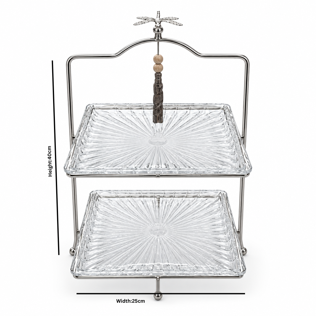 2-Tier Glass Candy Tray with Silver-Tone Metal Stand - 25×40cm
