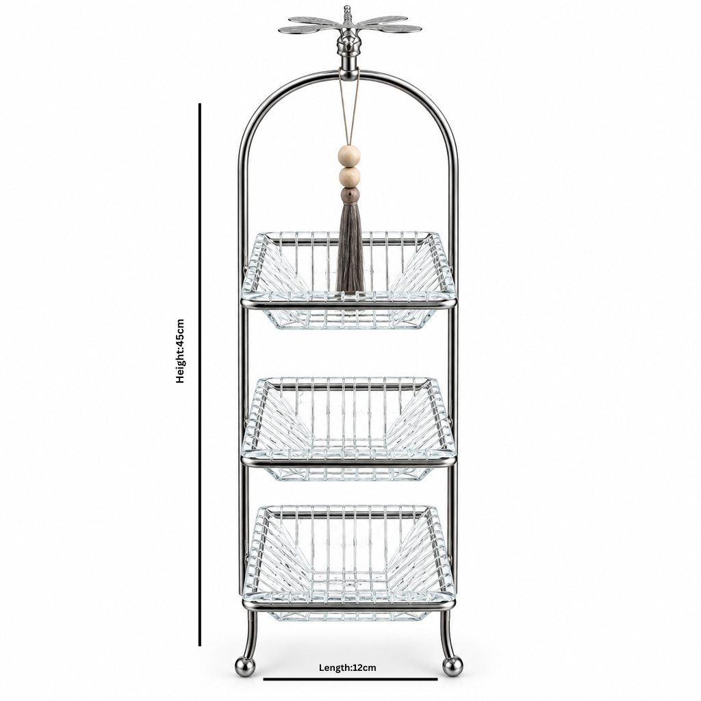 وعاء حلوى زجاجي من 3 طبقات مع حامل معدني بلون فضي - 12×45 سم
