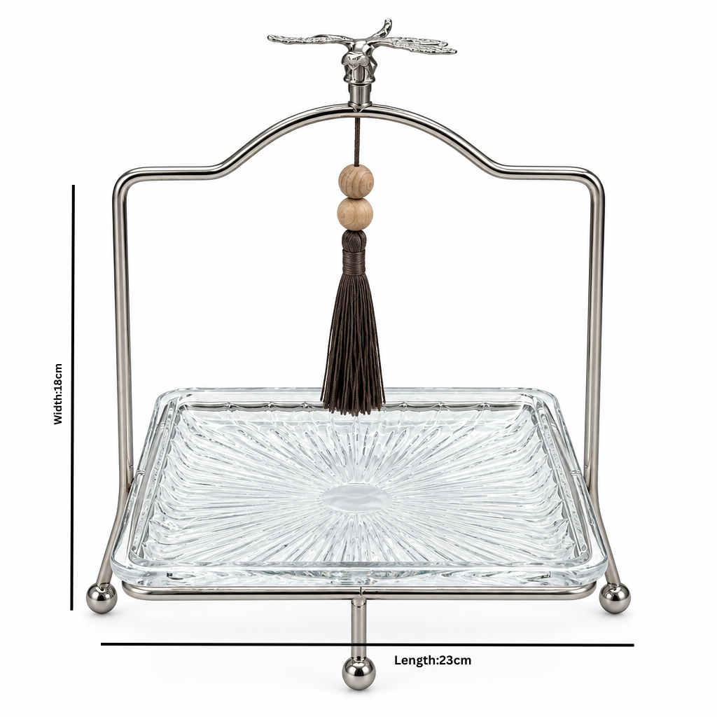 Glass Tray with Silver-Tone Metal Stand - 18×23cm