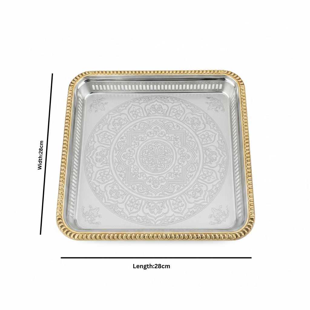Zolten Square Gold & Silver Metal Serving Tray - 28×28 cm