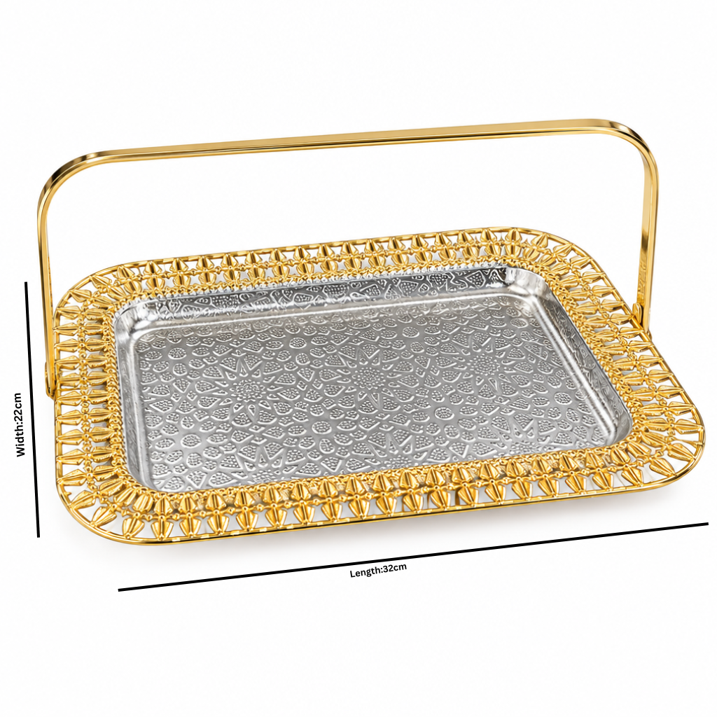 Rectangular Metal Serving Tray with Handle - 32×22cm