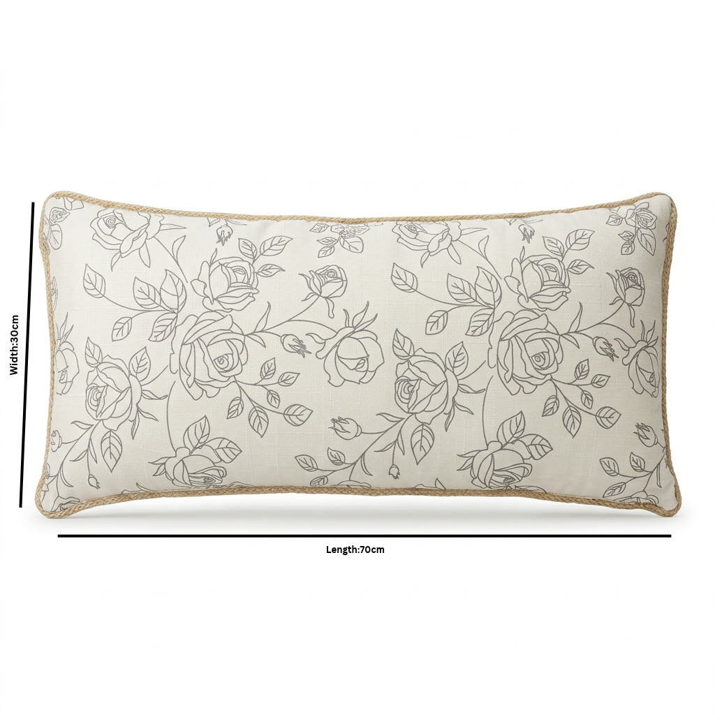 Rectangular Rose Print Cushion - Ivory & Grey – 30×70cm