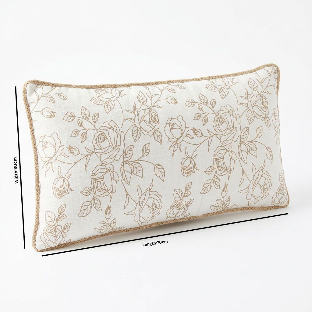 Rectangular Rose Floral Cushion Ivory & Beige - 30×70cm
