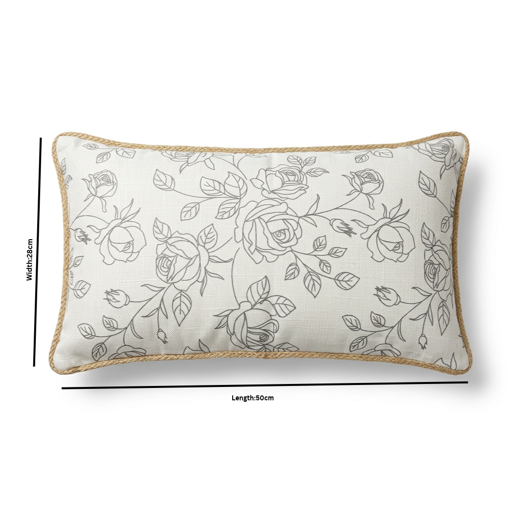 Rectangular Rose Print Cushion Ivory & Grey - 28×50cm