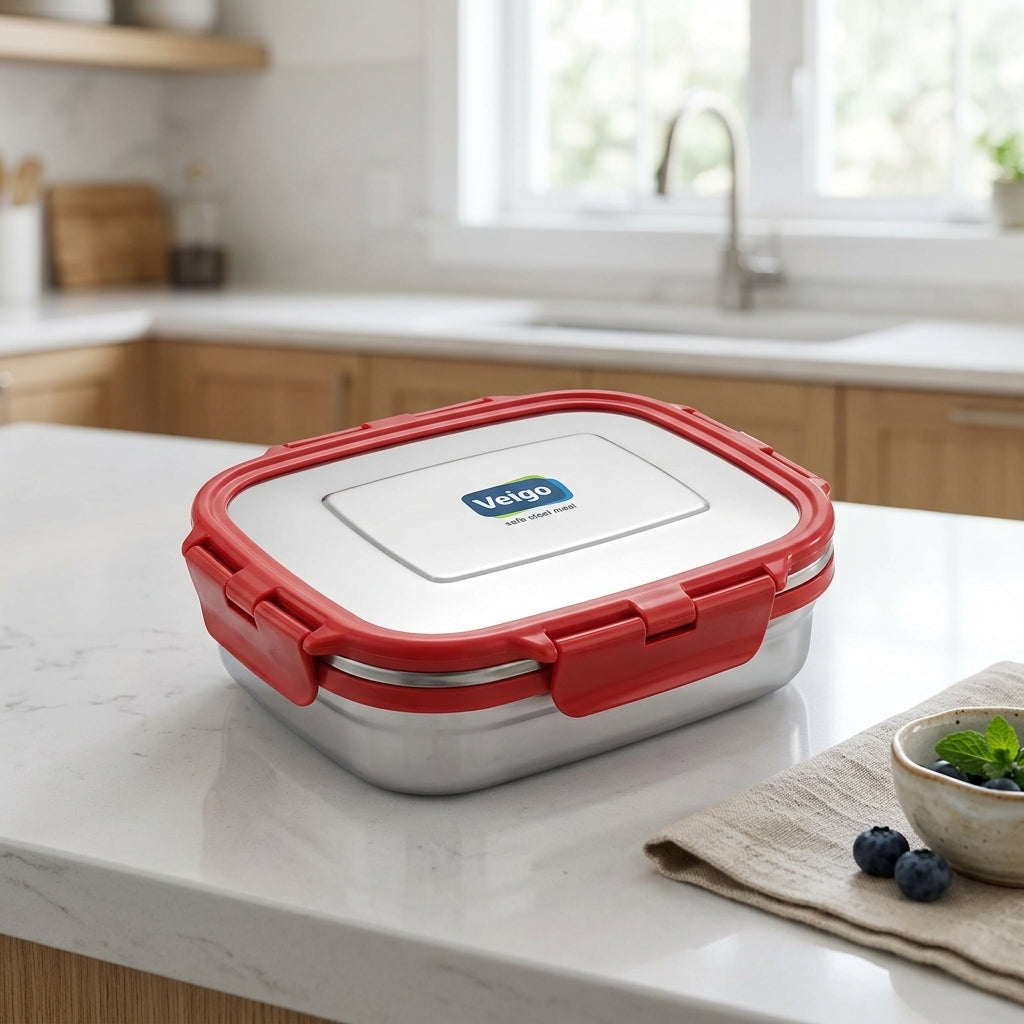 Veigo Stainless Steel Airtight Lunch Box – Red, 575 ml
