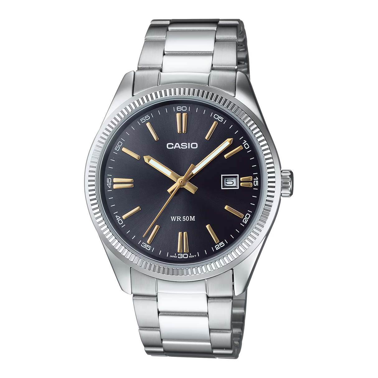 Casio MTP-1302D-1A2V men's stainless steel analog watch with a black dial.