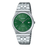 Casio MTP-B145D-3AVDF Collection analog watch with a green dial and stainless steel case and band.