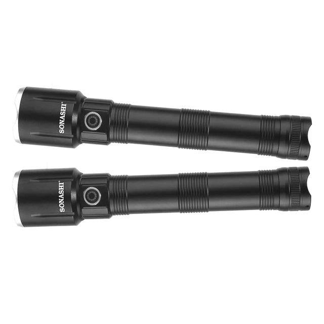 Sonashi 6000mAh Rechargeable LED Torch Set of 2 | 1200 Meter Coverage | Long Battery Life | Black Color with Acrylic Lens