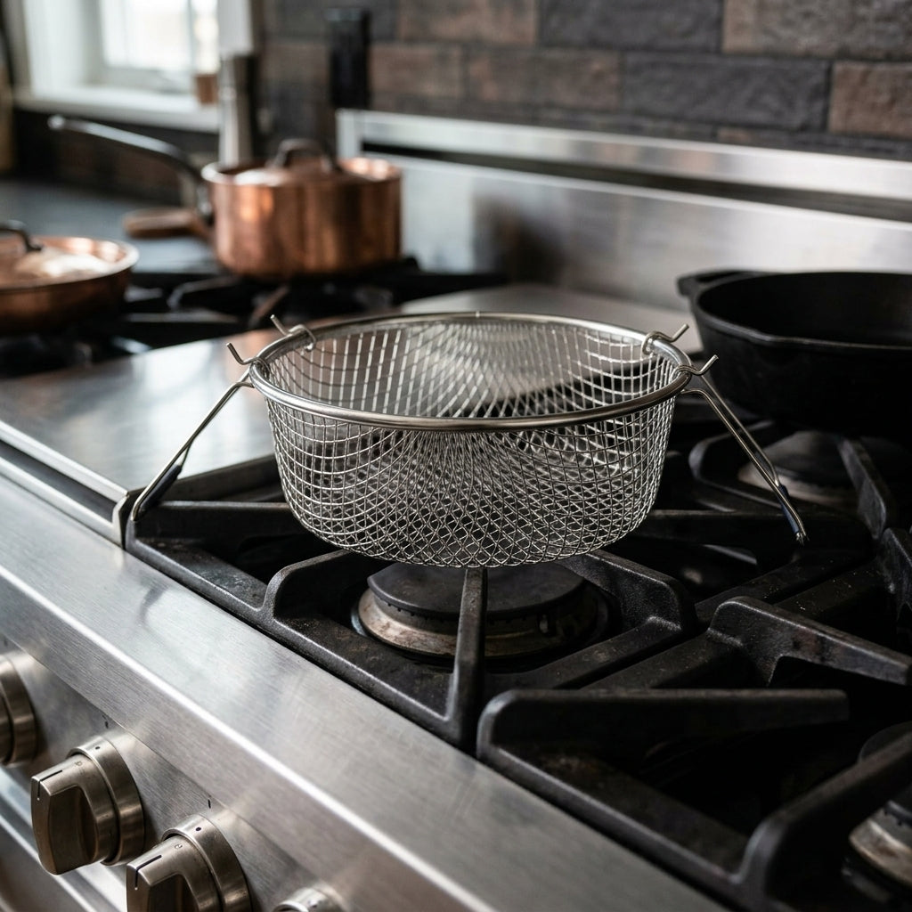 Yuniverse Round Mesh Fries Basket – Silver, 23 × 9 cm