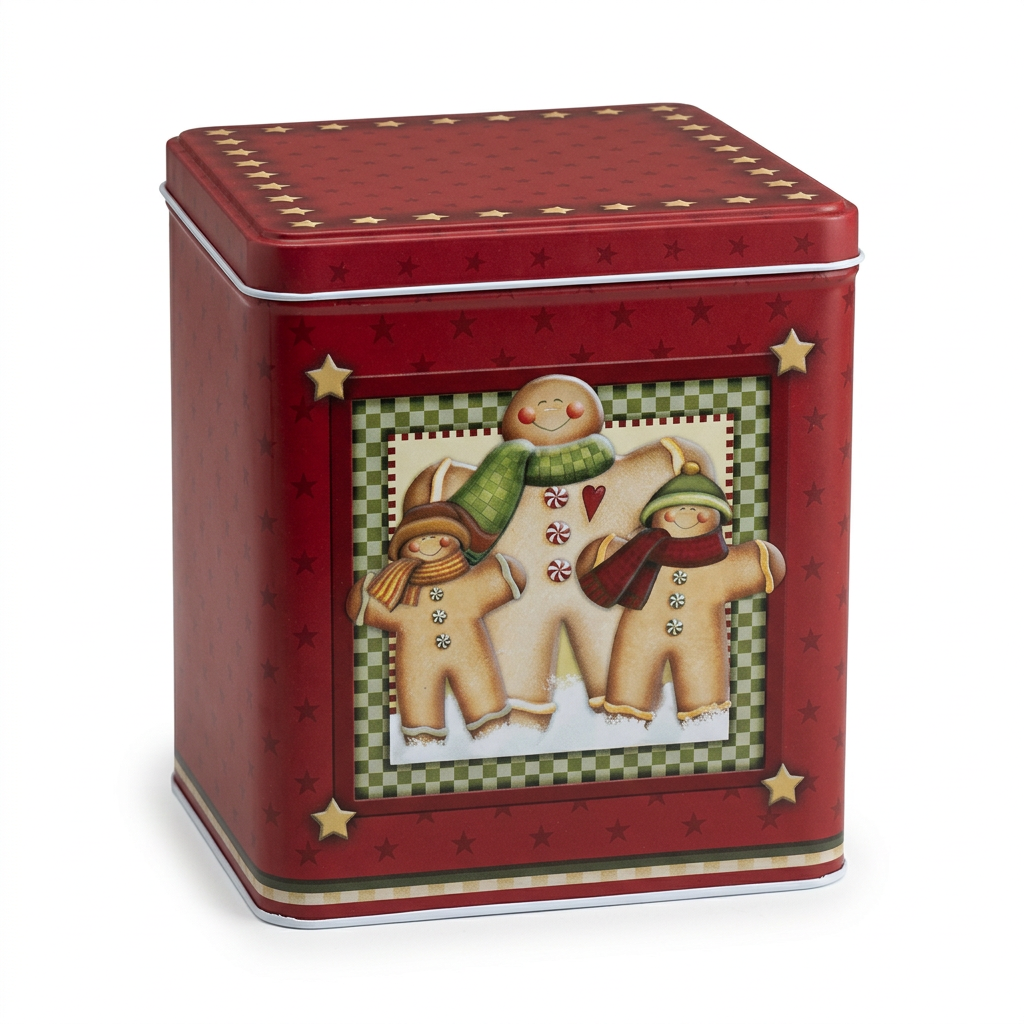Metal Christmas Candy Box with Gingerbread Design – Red – 16 × 13 cm

