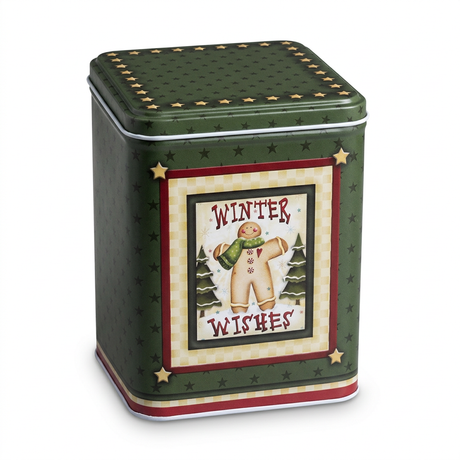 Metal Christmas Candy Box with Lid – Dark Green Winter Wishes Design, 14 × 10 cm

