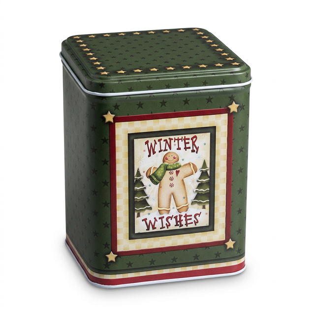 Metal Christmas Candy Box with Lid – Dark Green Winter Wishes Design, 14 × 10 cm

