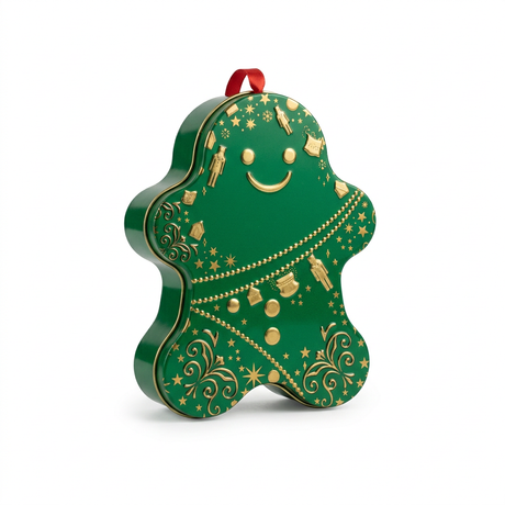 Metal Christmas Gingerbread Man Candy Box Green & Gold - 13cm