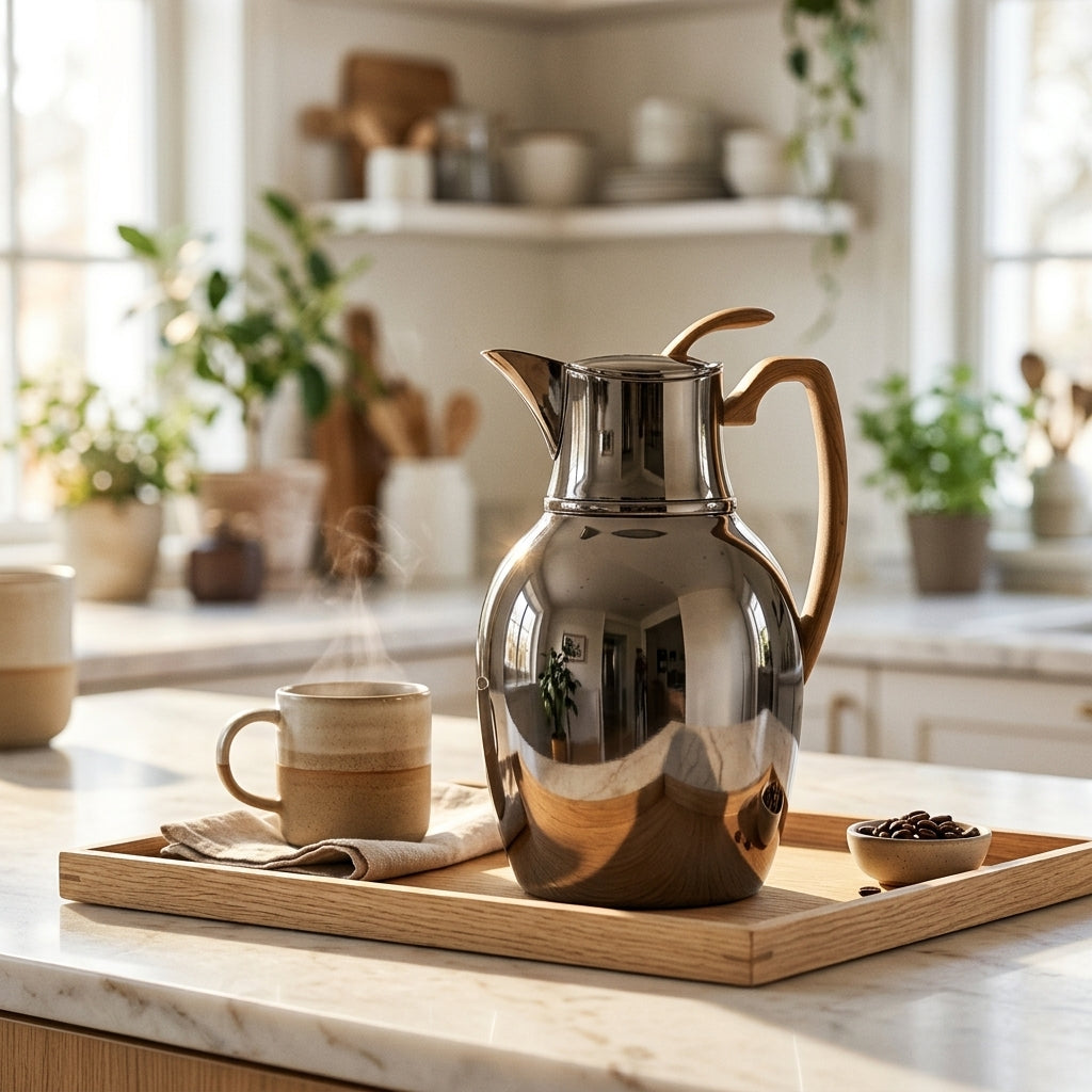 Mydot Vacuum Flask 1 Litre – Black Nickel with Wood-Finish Handle