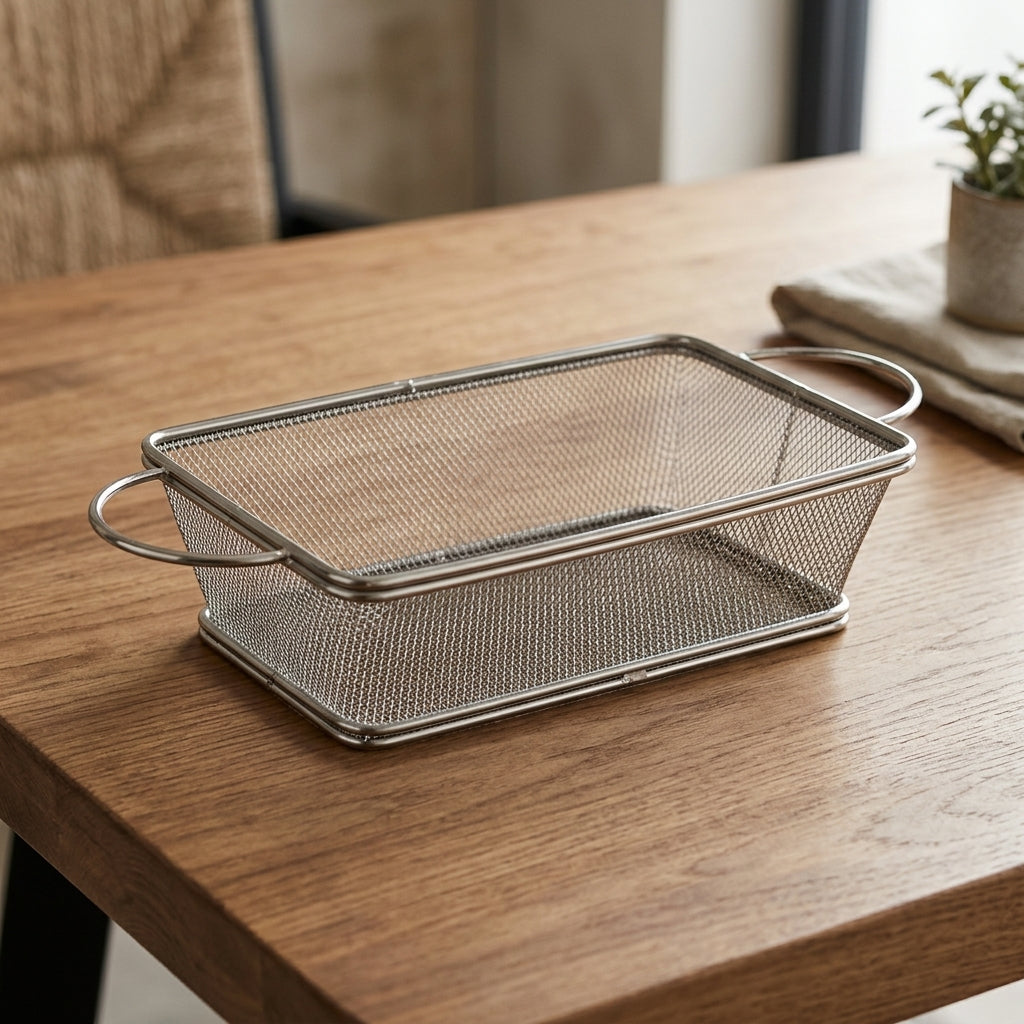 Yuniverse Rectangular Mesh Fries Basket – Silver, 21 × 12 × 6 cm
