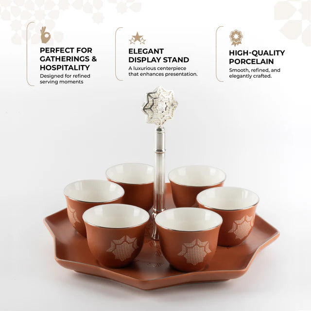 Otantik Octara - Arabic Coffee Cups With Holder - Porcelain - Orange & Silver