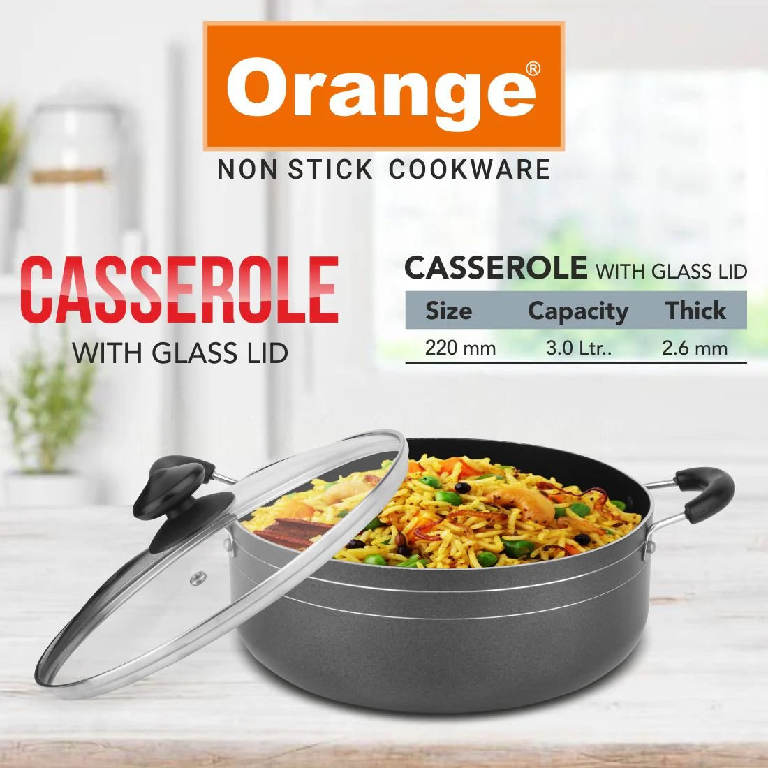 ORANGE Non-Stick Casserole with Glass Lid 22cm