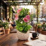 Pink & Green Artificial Flowers with Textured Chalk Pot - 30 cm