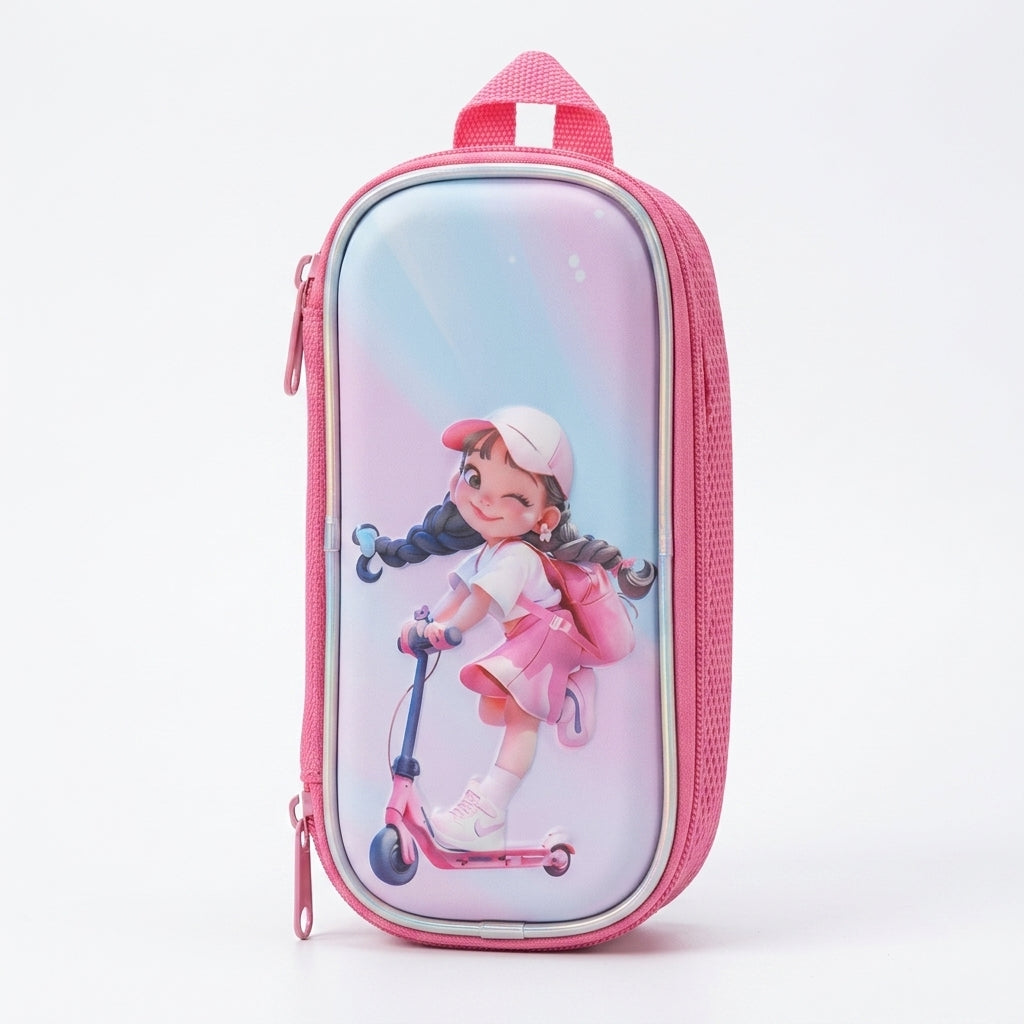 Kanari 3-Piece Trolley School Bag Set 16 Inch – Scooter Girl Print – Pink (Trolley Bag + Lunch Bag + Pencil Pouch)