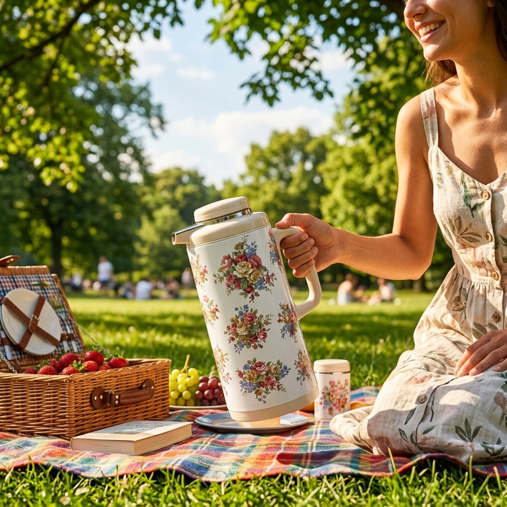 HB Vacuum Flask Set, 1 Litre + 1.3 Litre, White Floral Design