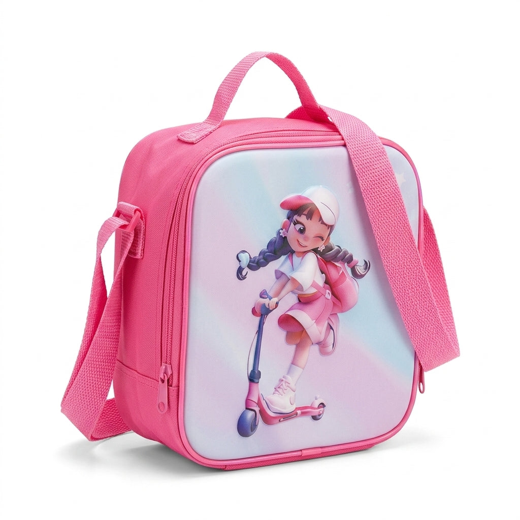 Kanari 3-Piece Trolley School Bag Set 16 Inch – Scooter Girl Print – Pink (Trolley Bag + Lunch Bag + Pencil Pouch)