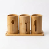 Bamboo Cutlery Holder with Tray, 3 Compartments, 27 × 13 cm