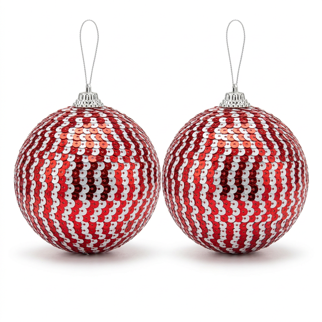  Plastic Christmas Hanging Ball 2 Piece Red & Silver - 10cm
