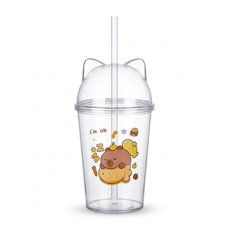 Plastic Juice Mug with Cat-Ear Lid & Straw, Clear with Multicolour Cartoon Print – 500 ml

