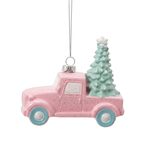 Plastic Truck with Green Christmas Tree Hanging Decoration – 10cm
