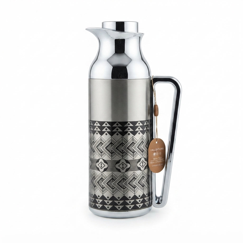 Mahra Stainless Steel Vacuum Flask Set – 1L + 1L – Silver Geometric Edition