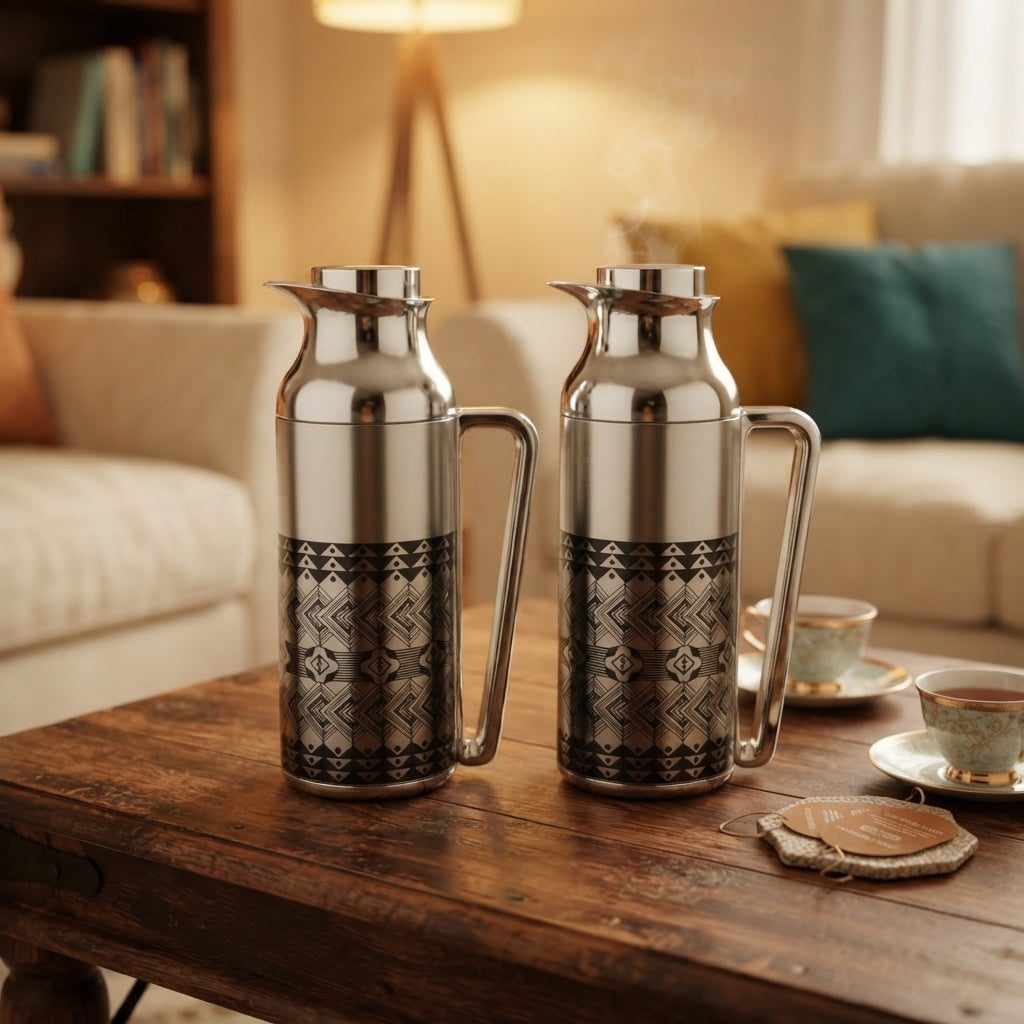 Mahra Stainless Steel Vacuum Flask Set – 1L + 1L – Silver Geometric Edition