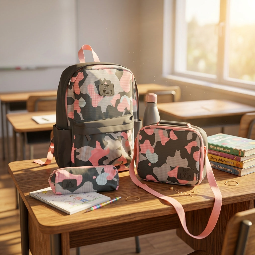 SBC Luxury 4-in-1 School Set 16" – Pink Camo (Backpack, Lunch Bag, Pencil Case & Water Bottle)