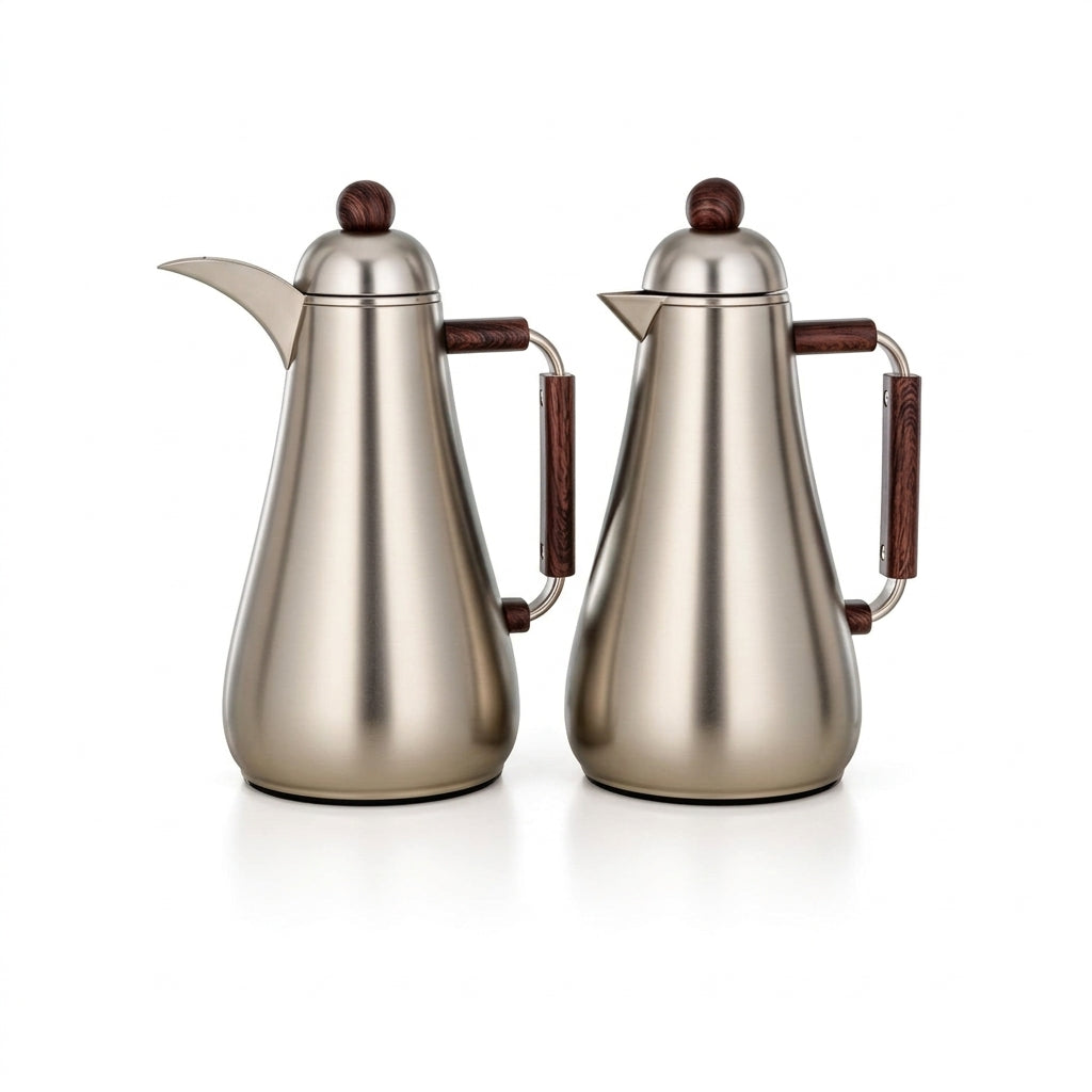 Almarjan 1 + 1 Ltr Vacuum Flask Set, Matt Nickel & Dark Wood