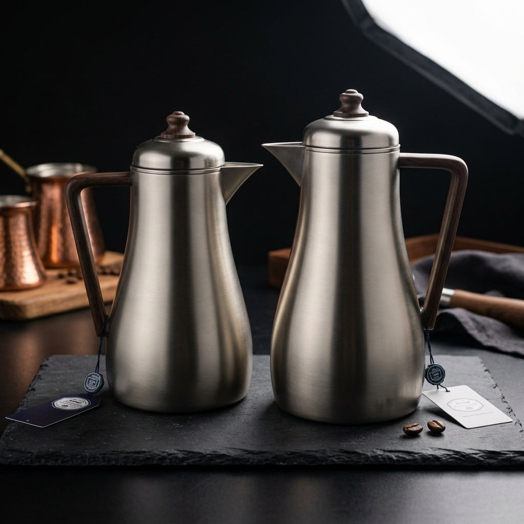 Elena Vacuum Flask Set, 0.7 + 1 Litre, Matt Nickel with Wood-Finish