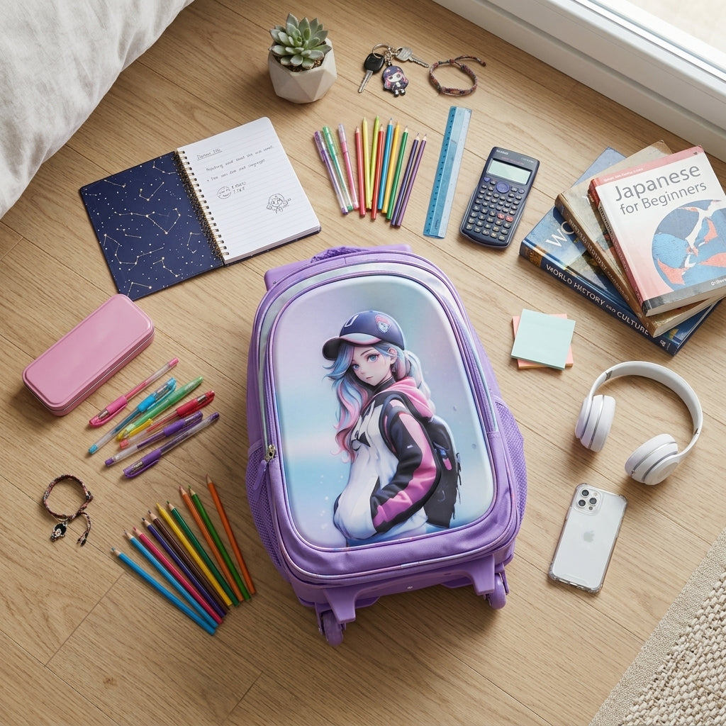 Kanari 16inch 3-Piece Anime Trolley School Bag Set – Purple (Trolley Bag + Lunch Bag + Pencil Pouch)