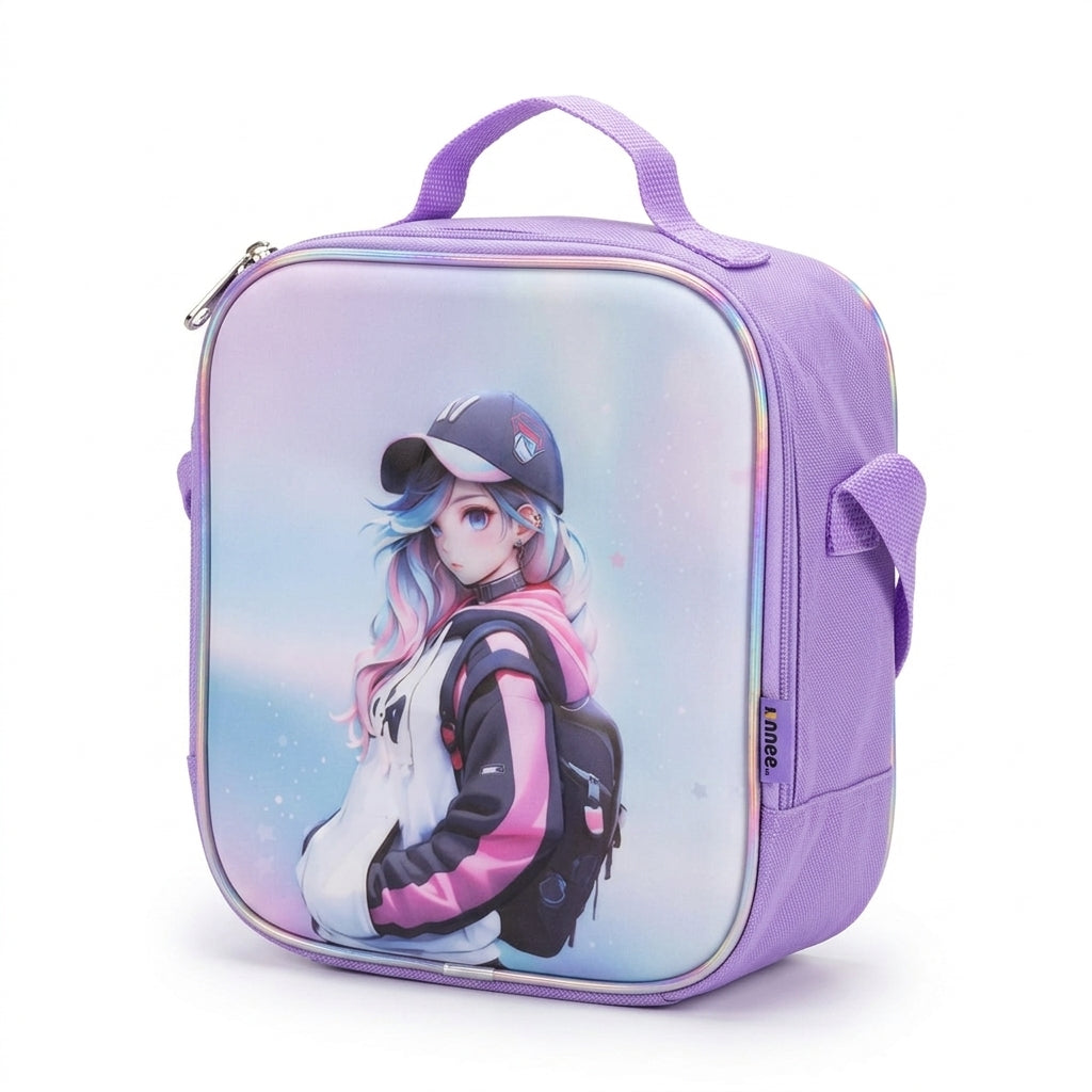 Kanari 16inch 3-Piece Anime Trolley School Bag Set – Purple (Trolley Bag + Lunch Bag + Pencil Pouch)