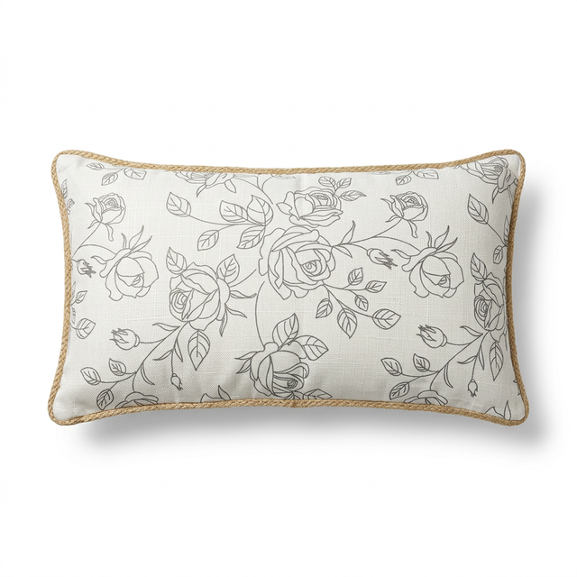 Rectangular Rose Print Cushion Ivory & Grey - 28×50cm