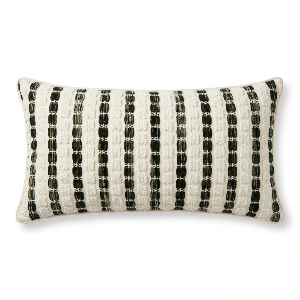 Rectangular Textured Striped Cushion – Cream & Dark Green, 30 × 70 cm

