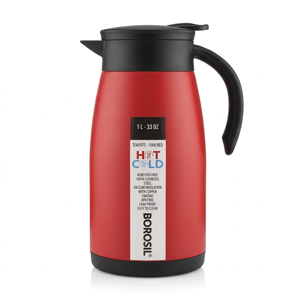 Borosil Insulated Stainless Steel Vacuum Flask Carafe, 1000 ml,  Matt Red with Black