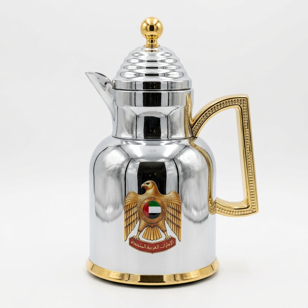 Redhome 0.6 Litre Vacuum Flask – Chrome with Gold Accents and UAE Emblem