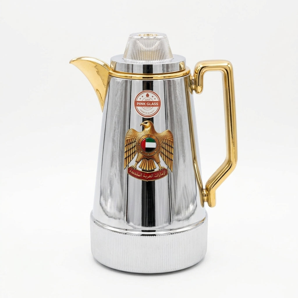 Redhome 1 Litre Vacuum Flask – Chrome with Gold Accents And UAE Emblem