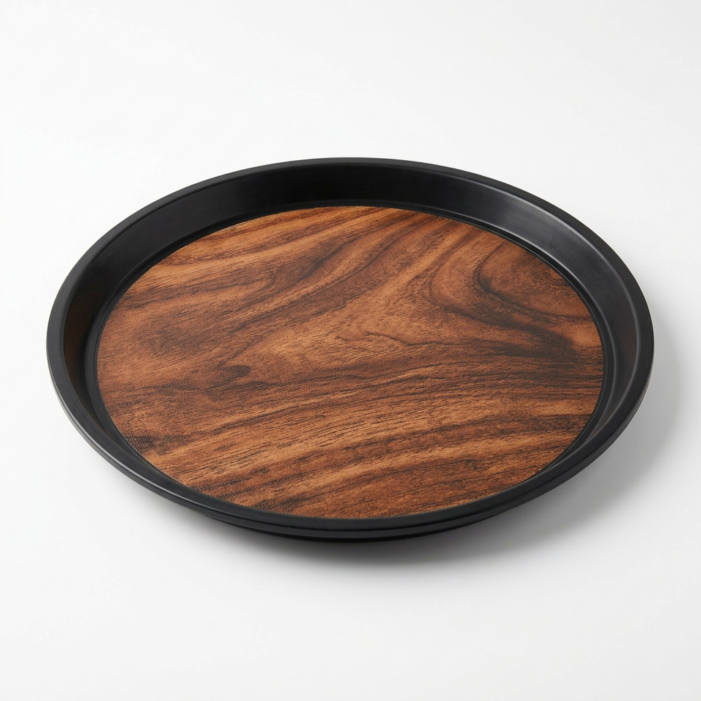 Round Plastic Non-Slip Serving Tray with Wood-Grain Design - 30cm