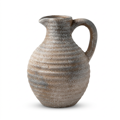 Rustic Ribbed Ceramic Flower Vase with Handle – Taupe Grey-Brown, 20 cm

