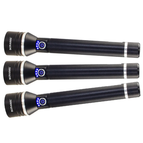 Sonashi 8000mAh Rechargeable LED Torch Set of 3 | 1200 Meter Long Range Bright Beam | Durable Acrylic Lens | Black Body Design