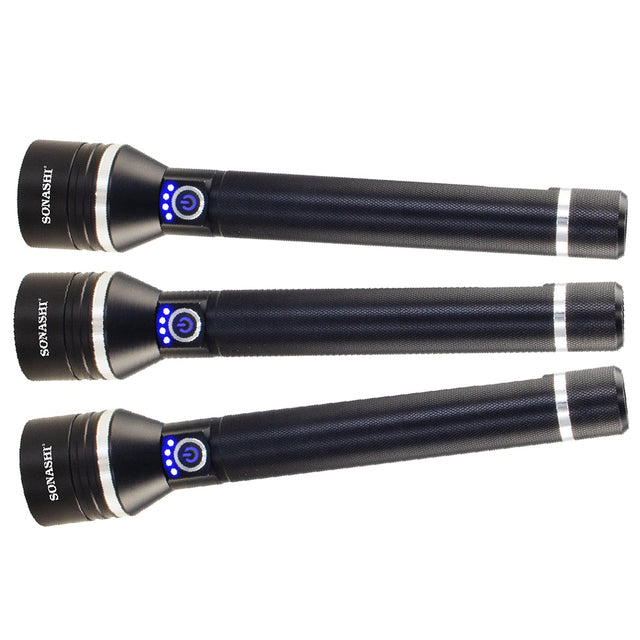 Sonashi 8000mAh Rechargeable LED Torch Set of 3 | 1200 Meter Long Range Bright Beam | Durable Acrylic Lens | Black Body Design