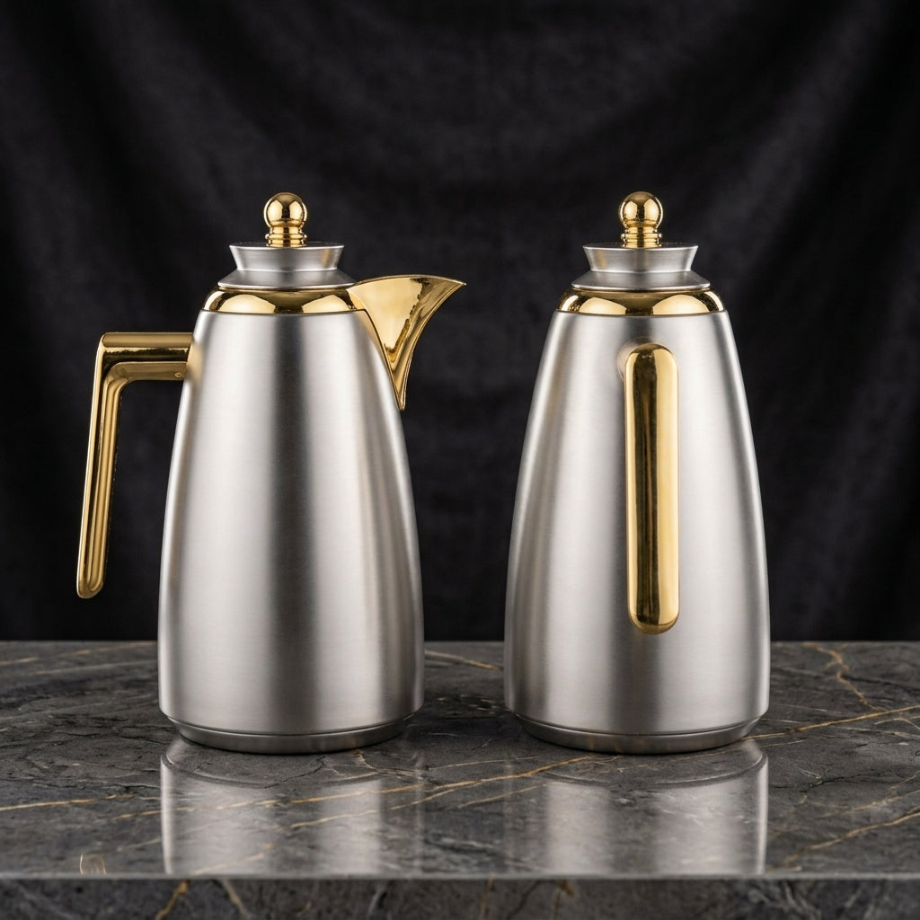 Fursan Vacuum Flask Set, 2 × 1 Litre, Matt Nickel with Gold