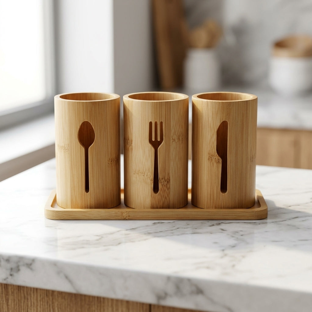 Bamboo Cutlery Holder with Tray, 3 Compartments, 27 × 13 cm
