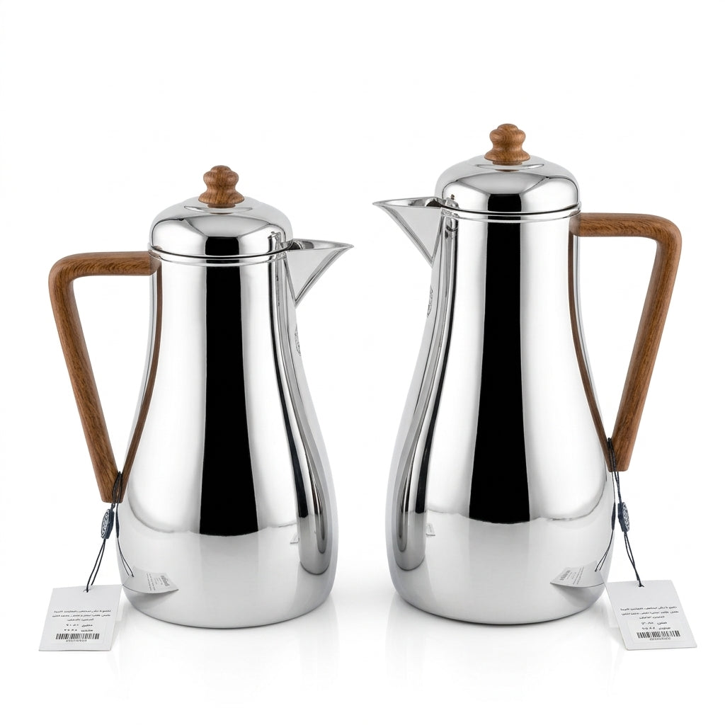Elena Vacuum Flask Set, 0.7 + 1 Litre, Silver with Wood-Finish