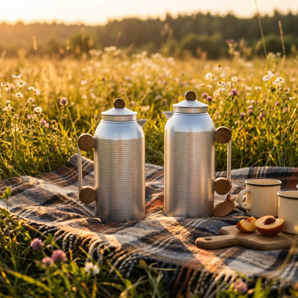 Mahra Vacuum Flask Set, 2 × 1 Litre, Matte Silver with Wood-Finish Accents